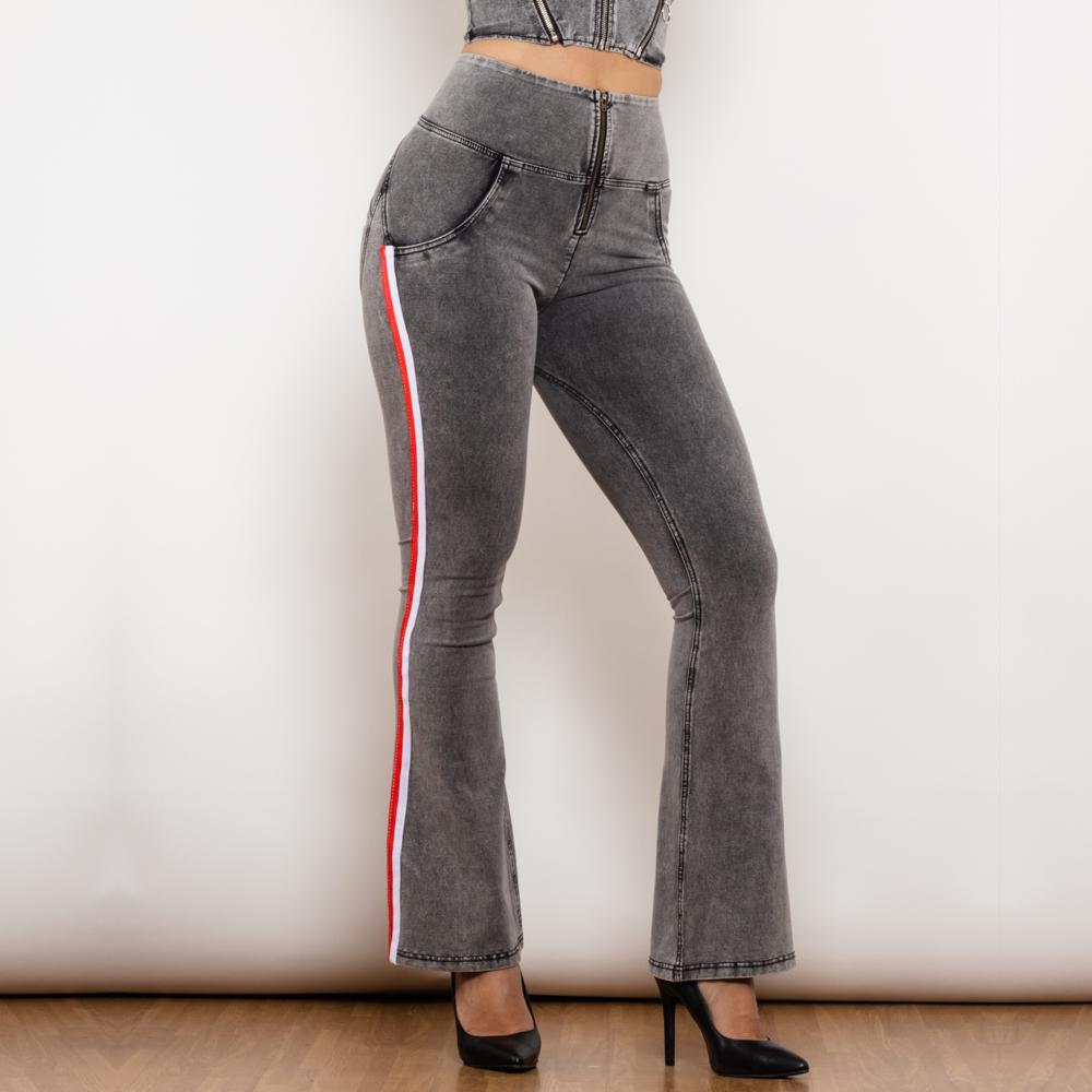 Shascullfites Melody Side Stripe Denim Jeans Fashion Stretch Bum Lift Flare Broek Hoge Taille Grijs Jeans