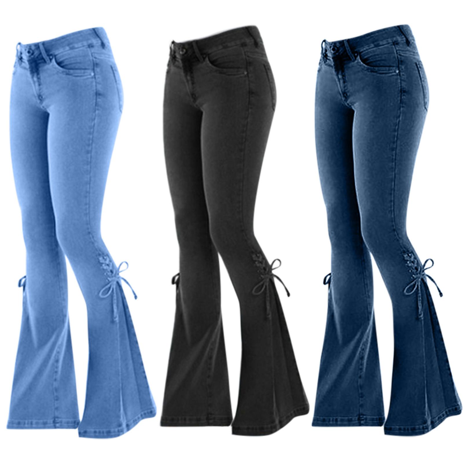 Haide Mode Dames Hoge Taille Losse Zak Veterschoenen Uitlopende Broek Stretch Koe Jeans Broek