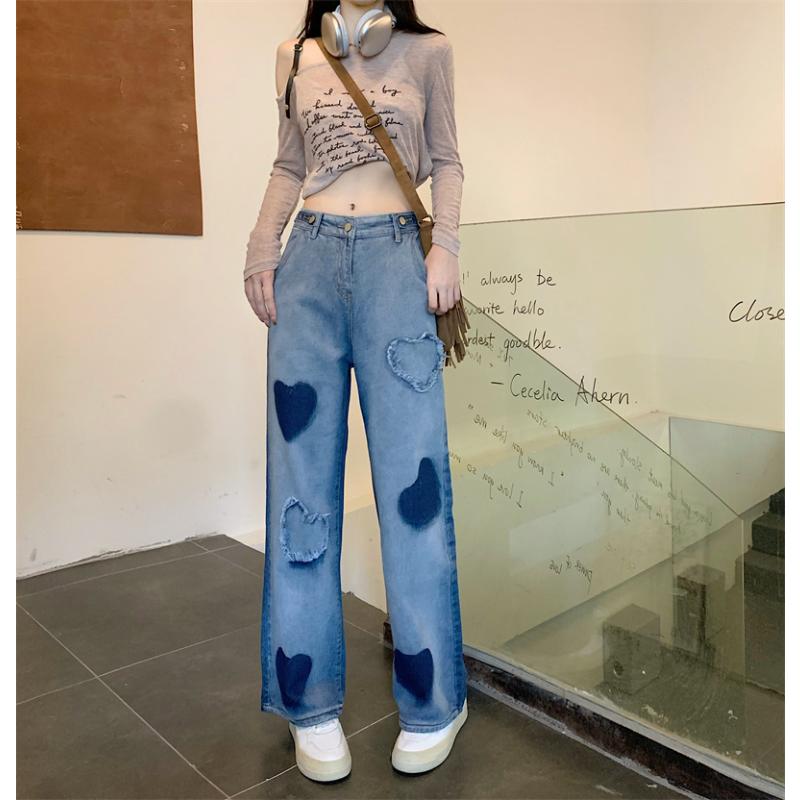 Rockulzzang Hart Liefde Patroon Print Dames Jeans Denim Broek broek Koreaanse doek 2023 plus size harajuku streetwear y2k zomer hoge taille