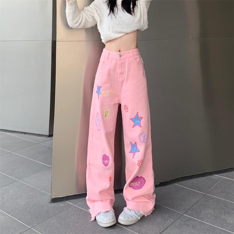 Rockulzzang Leuke cartoon print damesjeans denim broek broek koreaanse stijl doek kawaii mode harajuku streetwear y2k zomer hoge taille