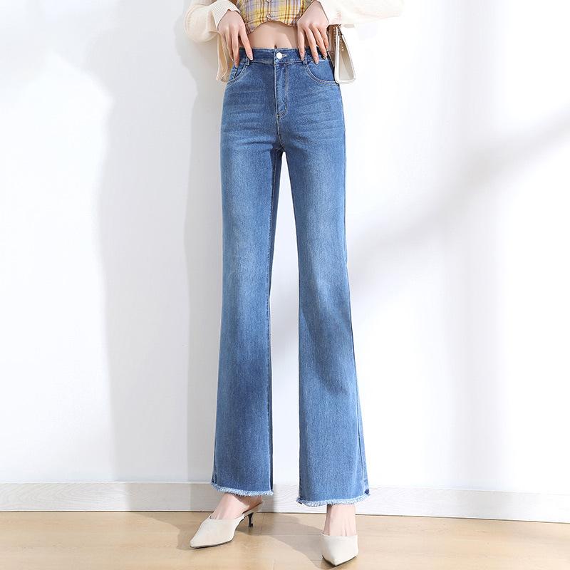 91460000MAC29Y0P7M Blauwe uitlopende jeans dames hoge taille elastische slanke broek zomer retro rand Y2K casual streetwear vintage broek
