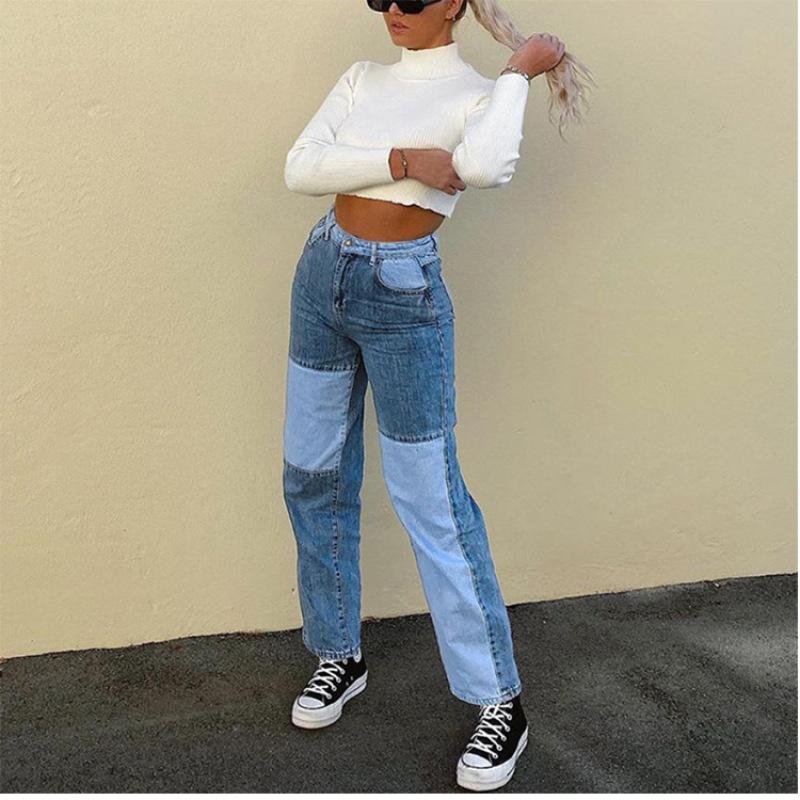 Miss Hong Wardrobe Lente nieuwe broek mode stiksels kleurcontrast jeans voor dames hoge stretch denim rechte broek XS-2XL