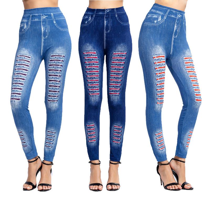 JM-No.1 Vrouwen imitatie denim jeans leggings casual hoge taille skinny slanke elastische potloodbroek sport push-up gat print zachte broek