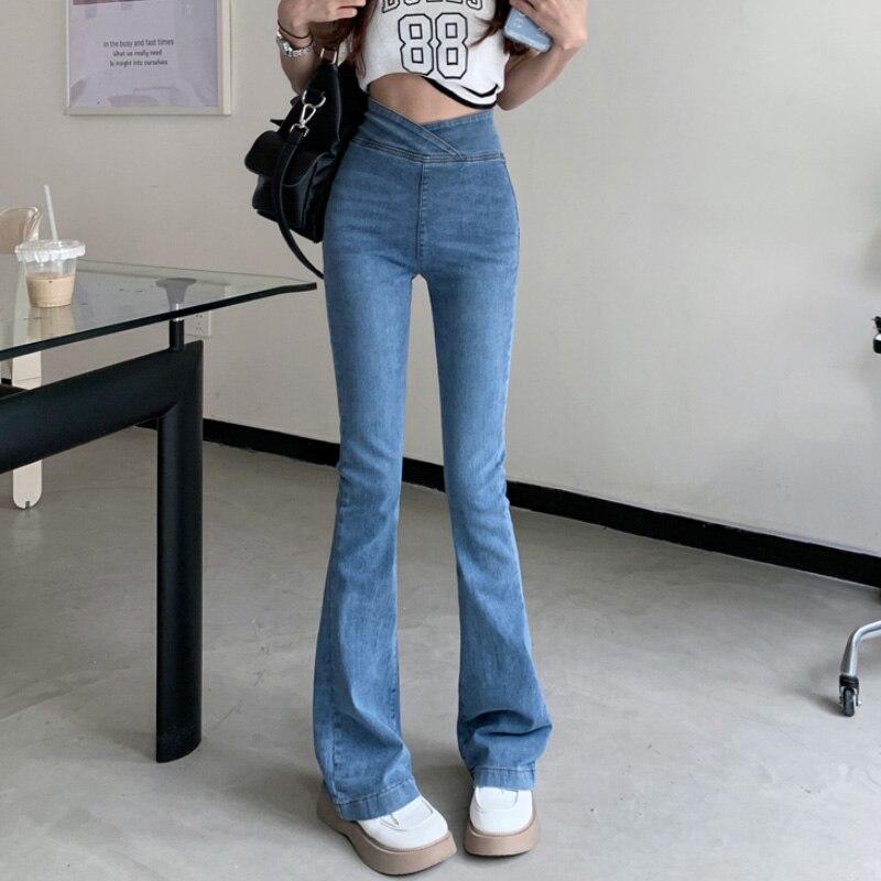 NiXis Asymmetrische Jeans Vrouwen Hoge Taille Slanke Uitlopende Broek Magere Denim Broek Vintage Koreaanse Mode Casual Bodems Plus Size Vrouwelijke Kleding