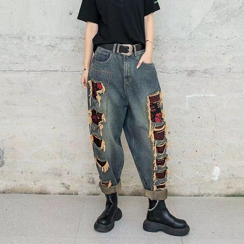Rockulzzang Dames jeans denim broek met kraal klinknagel gescheurd mode casual grote maten broek vriendje streetwear harajuku vintage y2k-stijl