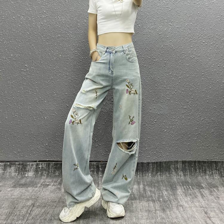 Rockulzzang Dames jeans denim broek met borduurwerk bloem gescheurd gat mode casual losse rechte boyfriend streetwear harajuku vintage y2k-stijl
