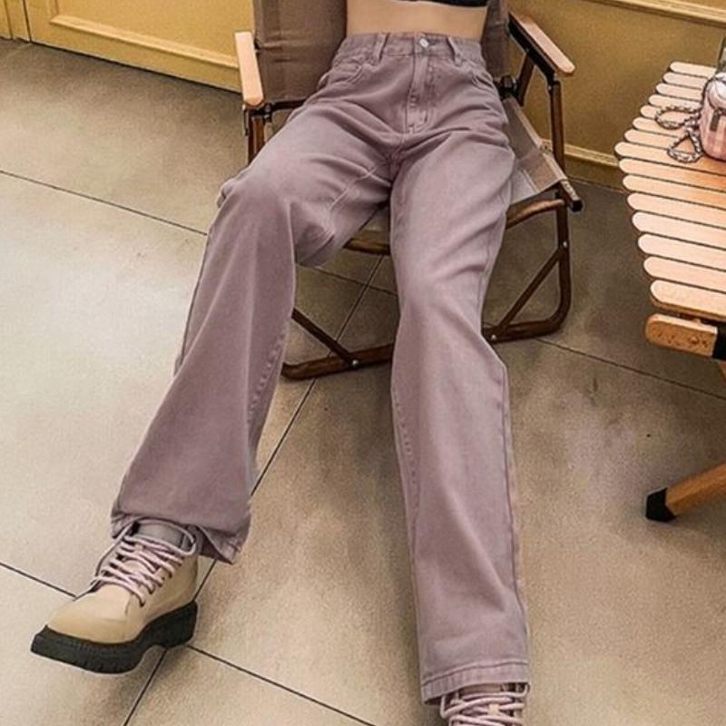 TUVBNRD48 Vintage paarse gat vrouwen jeans bf zomer hoge taille hiphop losse slanke broek Koreaanse solide rechte denim broek nieuw