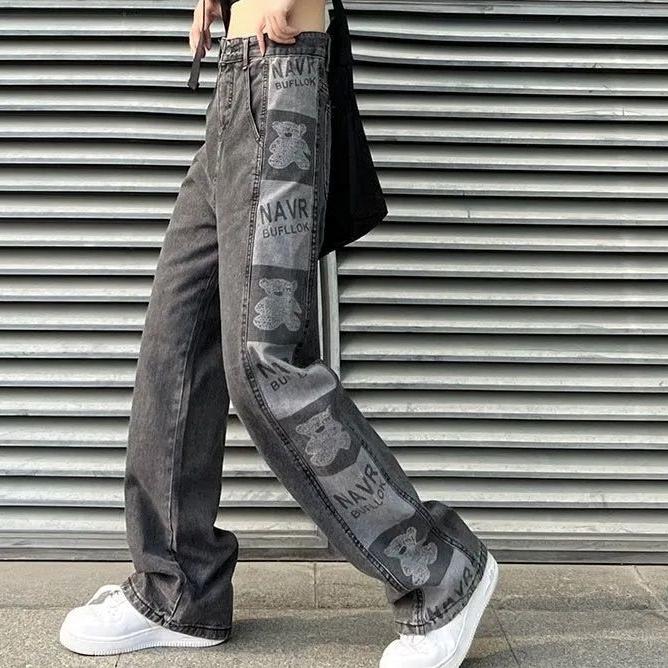 TUVBNRD48 Beer bedrukte cargo jeans Y2K hoge taille streetwear 90S baggy jeans dames broek rechte jeans
