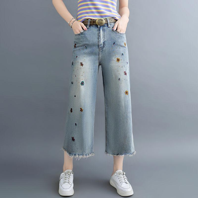 Rockulzzang Kuitlengte dames jeans denim broek met borduurwerk mode casual plus size broek losse rechte pijpen zomerjeans