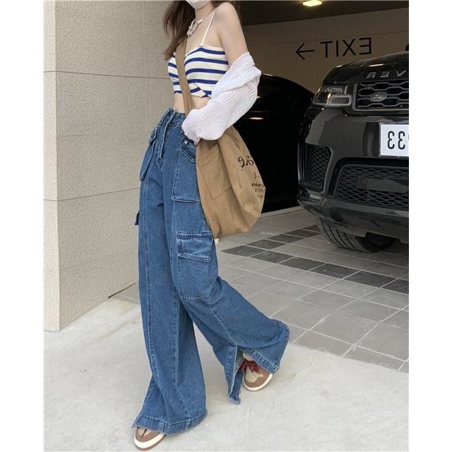 Black Strawberry Cloth Dames jeans denim broek met split multi-pocket mode casual plus size broek losse rechte Koreaanse elegante y2k-stijl