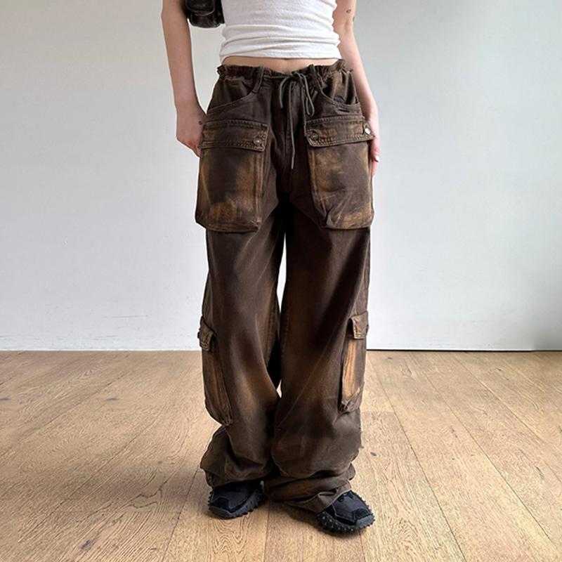 Cider Grunge Fairycore Tie Dye Cargo Jeans Dames Laag getailleerde grote zakken Industriële noodlijdende denim broek Baggy outfits