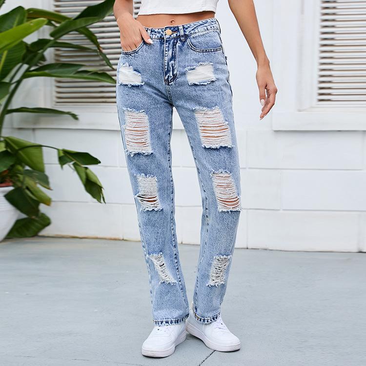 Miss Hong Wardrobe 2024 Damesjeans, gewassen, geperforeerde jeansbroek met gemiddelde taille