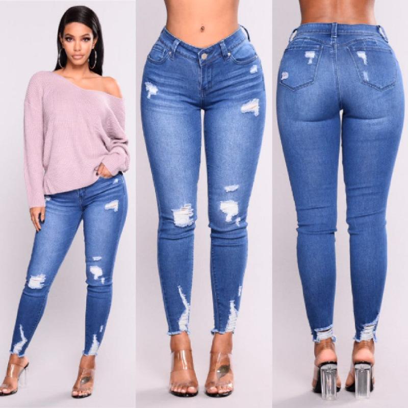 Miss Hong Wardrobe Hoge taille gescheurde jeans voor dames Mode Stretch Slim Denim Potloodbroek Casual kleding S-3XL