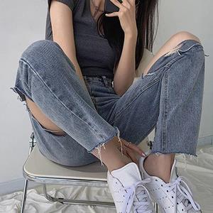 JunChengMY 2023 Oversized modieuze noodlijdende jeans voor dames met broek met hoge taille en rechte pijpen