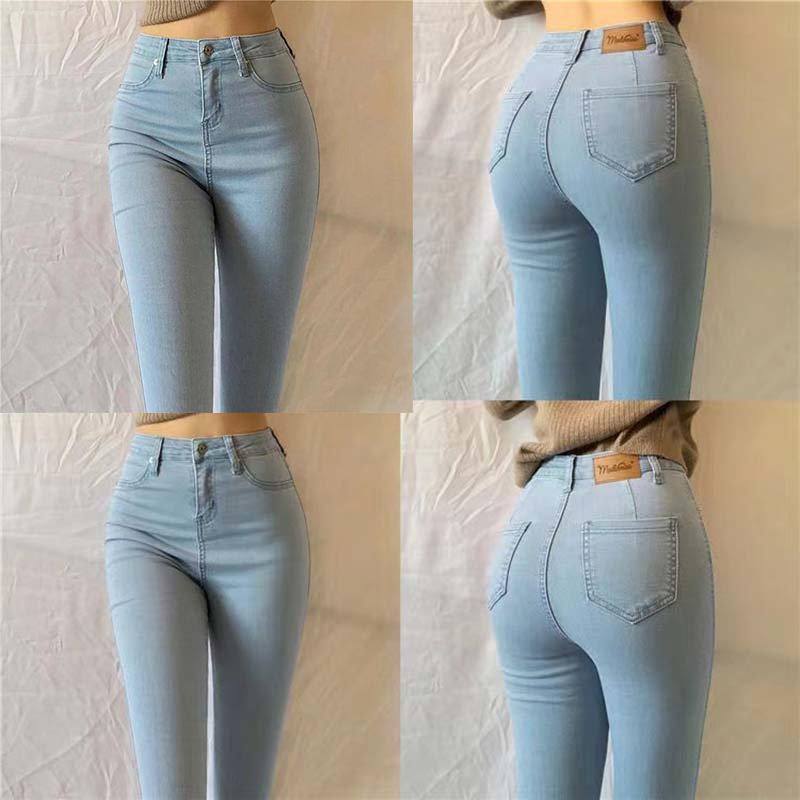 Simclm Grote maat elastische hoge taille jeans Dames skinny elastische slanke denim broek Vintage gewassen heuplift potlood denim broek