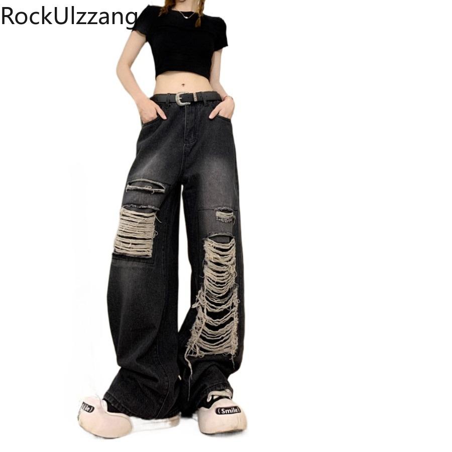 Rockulzzang Gescheurd gat losse rechte denim broek dames zwarte jeans [vintage streetwear harajuku y2k kleding baggy wijde pijpen]