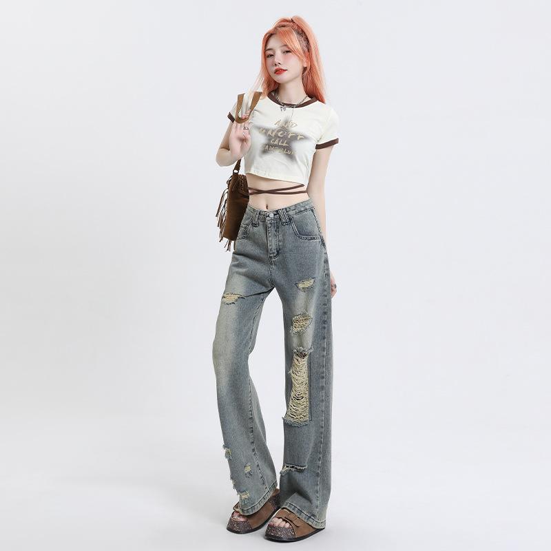 SIMANNIKA 2023 lente en zomer nieuwe mode gescheurde jeans dames hoge taille slanke trend all-match rechte broek wijde pijpen broek y2k chic