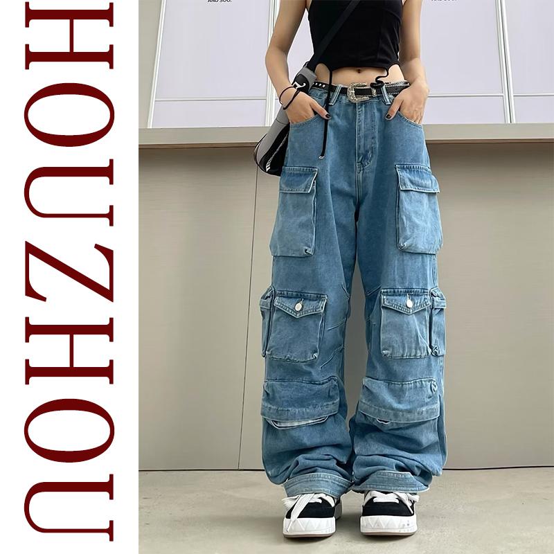HOUZHOU Multi-pocket blauw gewassen cargobroek Y2k Vintage hoge taille Streetwaer hoge taille jeans paar Harajuku eenvoudige casual wijde pijpen broek