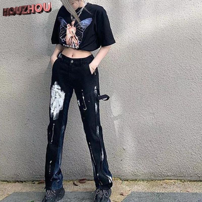 HOUZHOU Harajuku Patchwork Jeans voor Woemns Straight Leg Pants Female High Waist Streetwear Bedrukte Koreaanse Punk Casual Denim Broek Vrouwen
