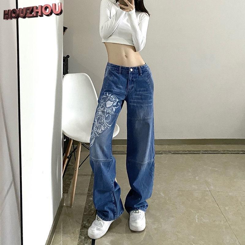 HOUZHOU Vintage Harajuku Gedrukt Rechte Been Jeans Vrouwen Koreaanse Causale Streetwear Lage Taille Baggy Jeans Blauw Oversize Damesmode Jeans