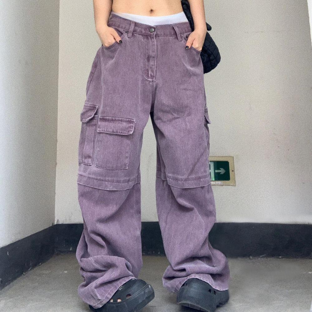 Rockulzzang Mode rechte losse paarse jeans denim broek met multipocket dames vintage streetwear techwear broek