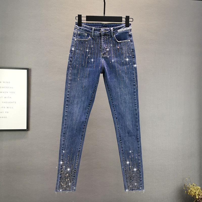 HUANJUE Jeans Dameslente en herfst Slim Fit Slim Diamond-legging met hoge taille