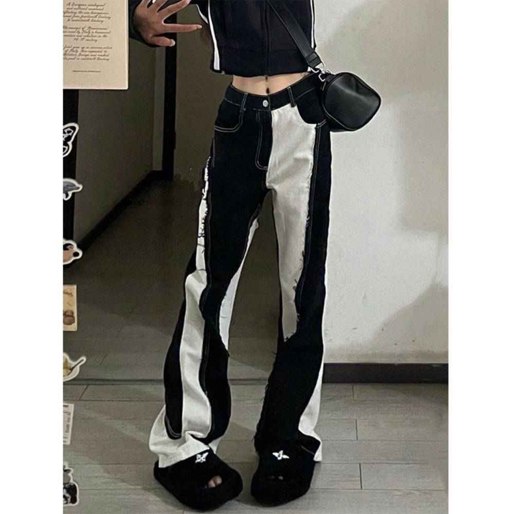 Rockulzzang Zwart Wit Colorblock Contrast Jeans Denim Broek dames casual mode jeansbroek plus maat hoge taille Koreaanse stijl