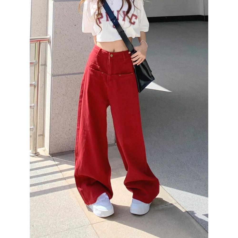 Rockulzzang Effen kleur rode jeans denim broek dames zomermode casual losse lange broek plus maat hoge taille eenvoudige Koreaanse minimalistisch