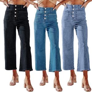 Misty world Vrouwen Vintage Rechte Denim Jeans Knoop Hoge Taille Wijde Pijpen Jeans Enkellange Broek Broek Dames Casual Losse Broek