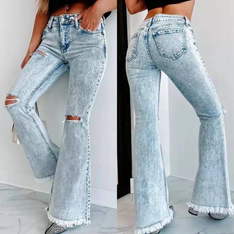 Omena Herfstblauwe gescheurde jeans voor dames met split en hoge taille