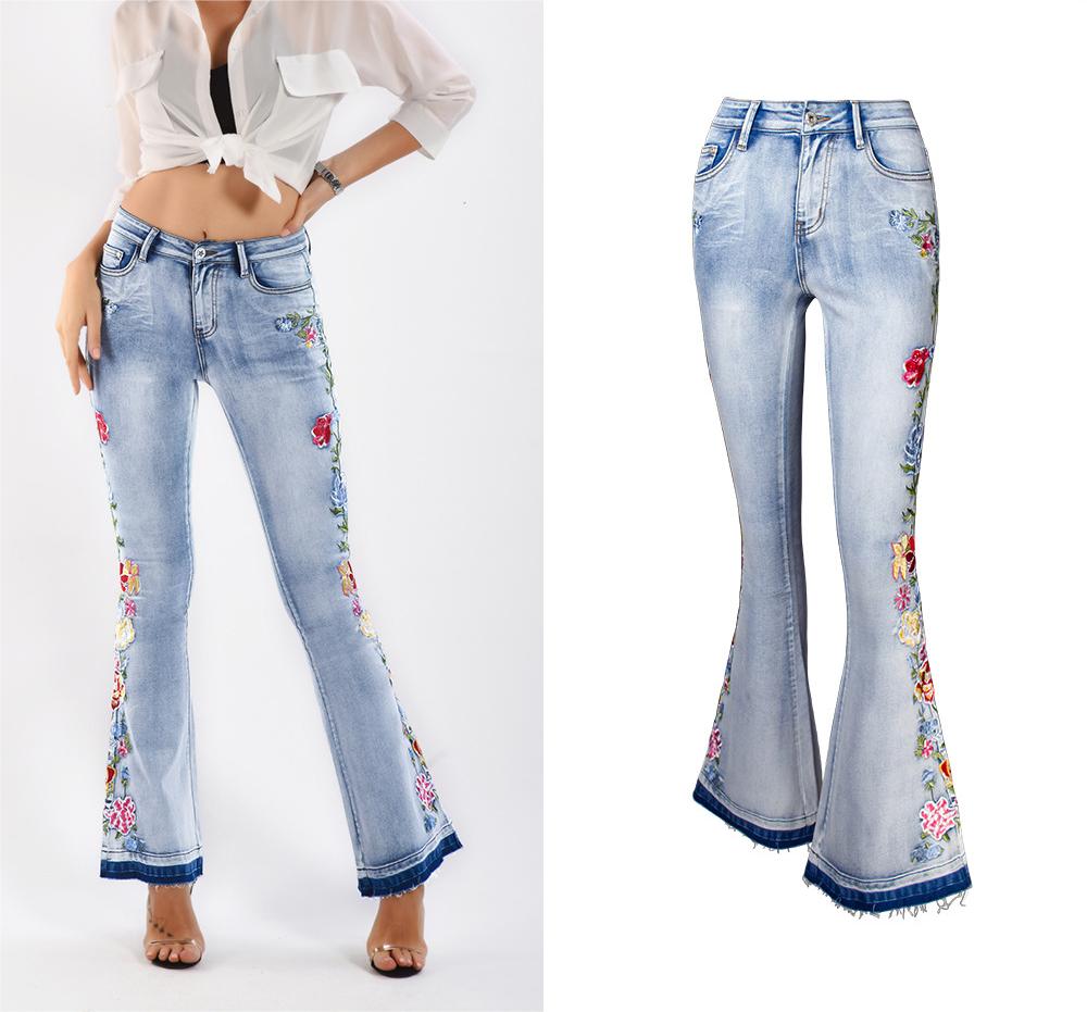 Omena Maat S-4XL Flare jeans met elastisch bloemborduursel