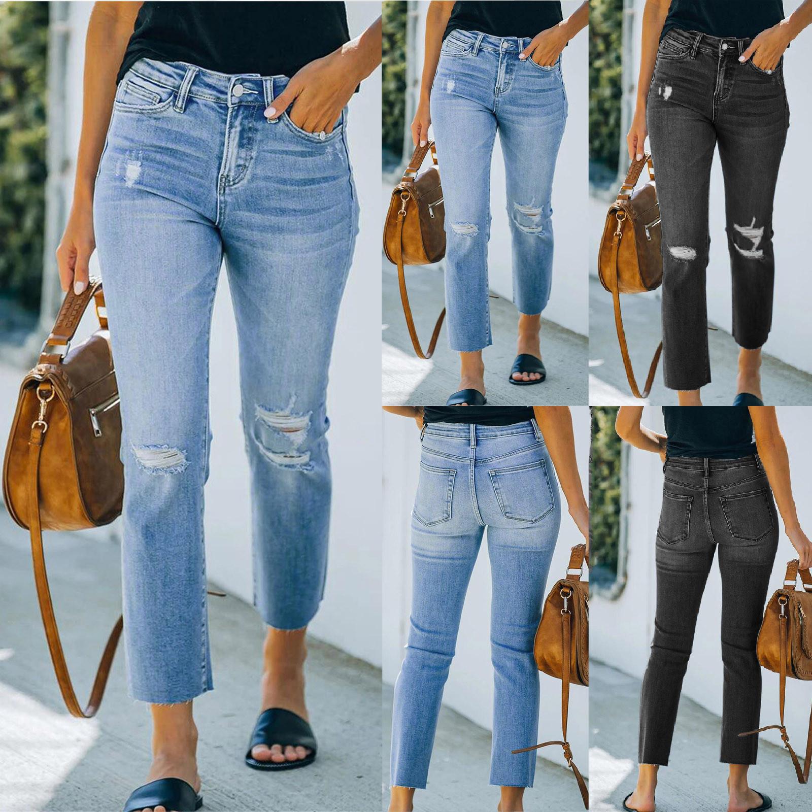 Haide Mode Dames Zakken Knoop Mid Taille Skinny Ripped Jeans Broek Gatbroek