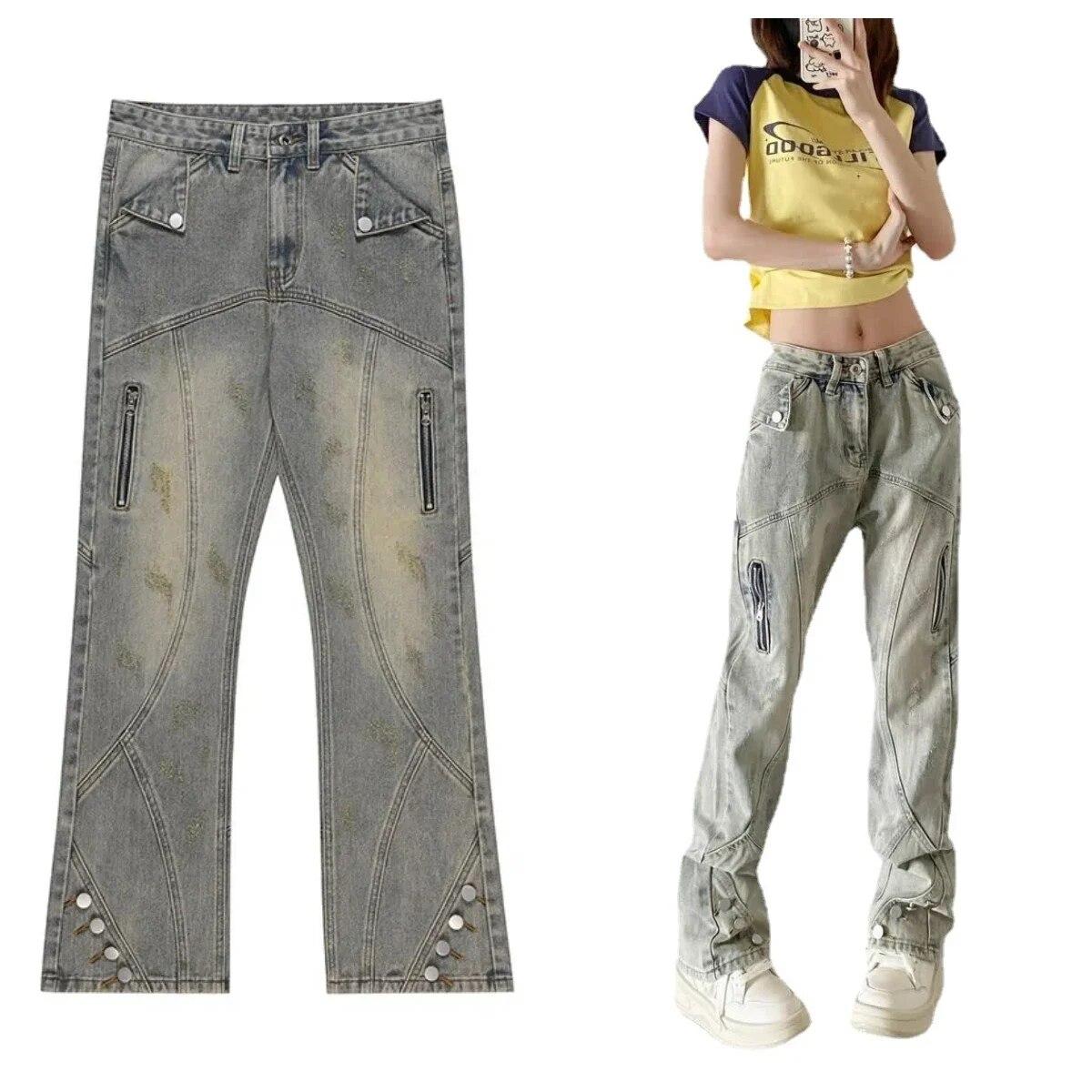 Rockulzzang Dames Jeans met Multi Button Rits Up Flare Pant Lichte Bootcut Denim Broek y2k lage taille 2023 plus size techwear cargo hiphop
