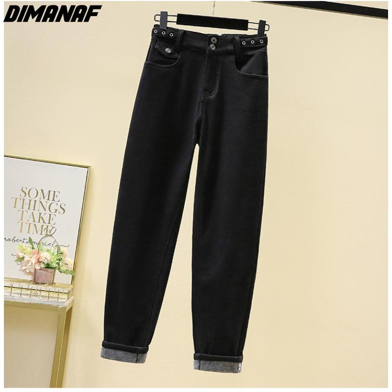 Dimanaf 2023 Plus Size Autumn Winter Jeans Black Long Pants Women Elastic Loose Casual Cotton Thick Warm Trousers Denim Fleece