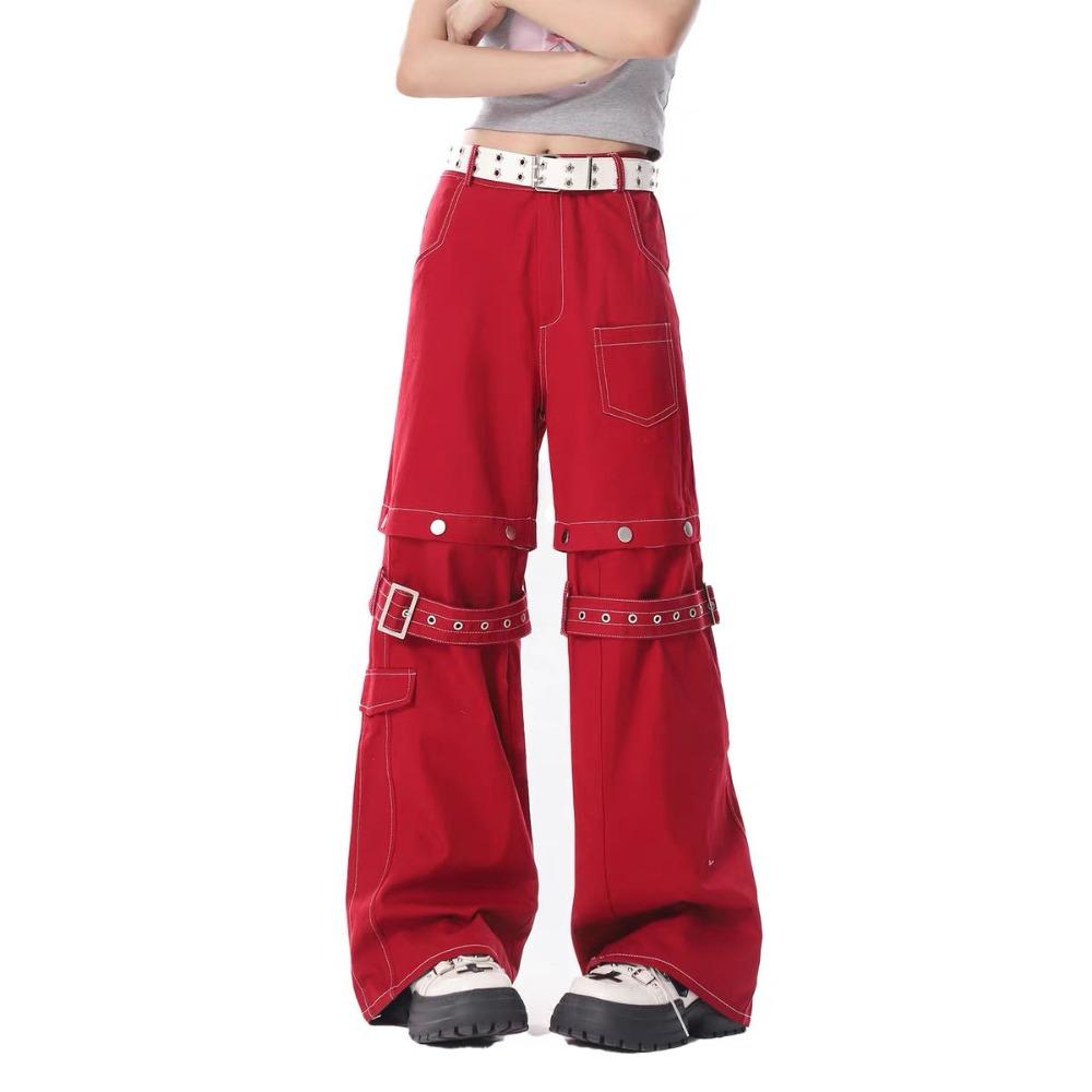 Rockulzzang Dames rode jeansbroek met afneembare knoopriem Ontwerp losse rechte denim broek y2k high streetwear fashion casual