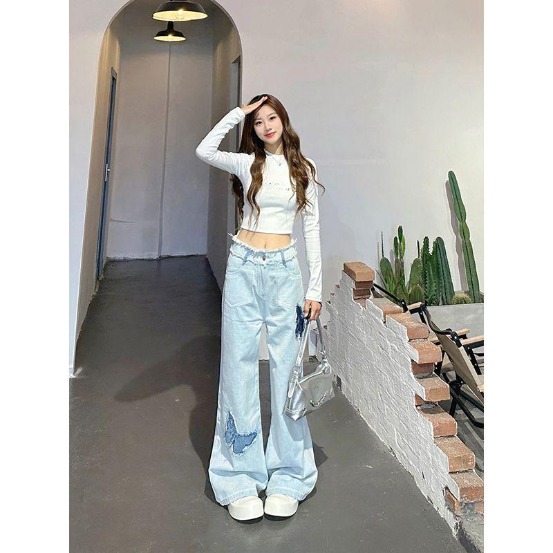 Rockulzzang Vlinder Patchwork Dames Jeans Broek Losse Rechte Denim Broek y2k hoge streetwear fashion casual Koreaanse kleding