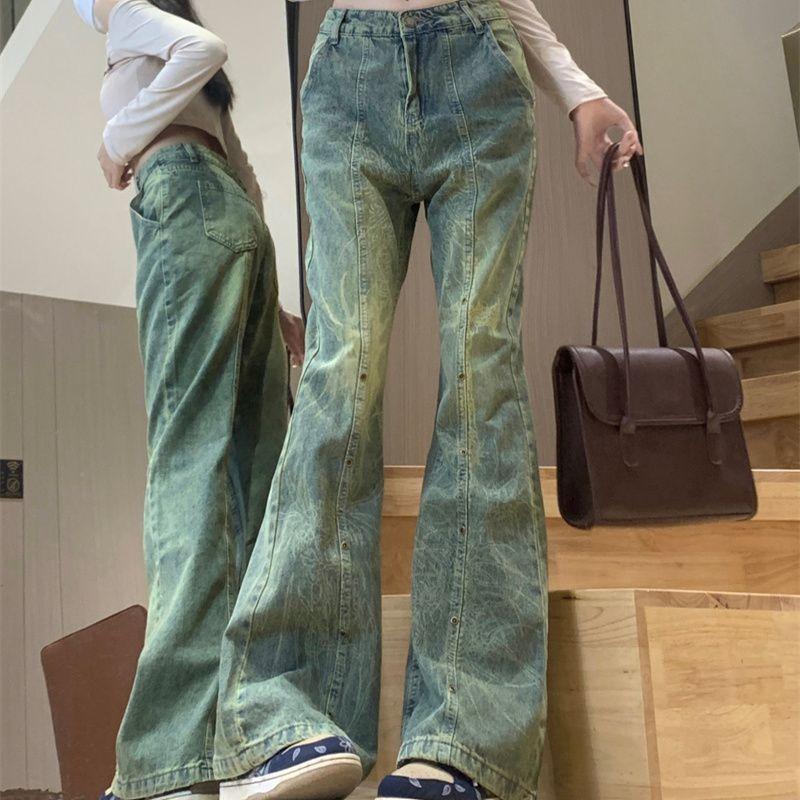 Rockulzzang Vintage groen blauwe flare jeans broek lichte bootcut bell bottom denim broek y2k hoge streetwear fashion casual hoge taille