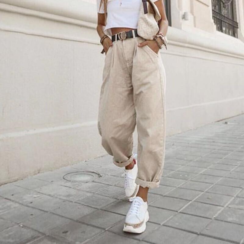 AB33XE Kaki vrouwelijke cargobroek hoge taille harem losse jeans plus size broek vrouw casual streetwear mama jeans