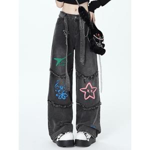 Rockulzzang Jeans met hoge taille en veterriem Vintage schattige grafische print Zwart grijze denim broek Dames y2k jeansbroek