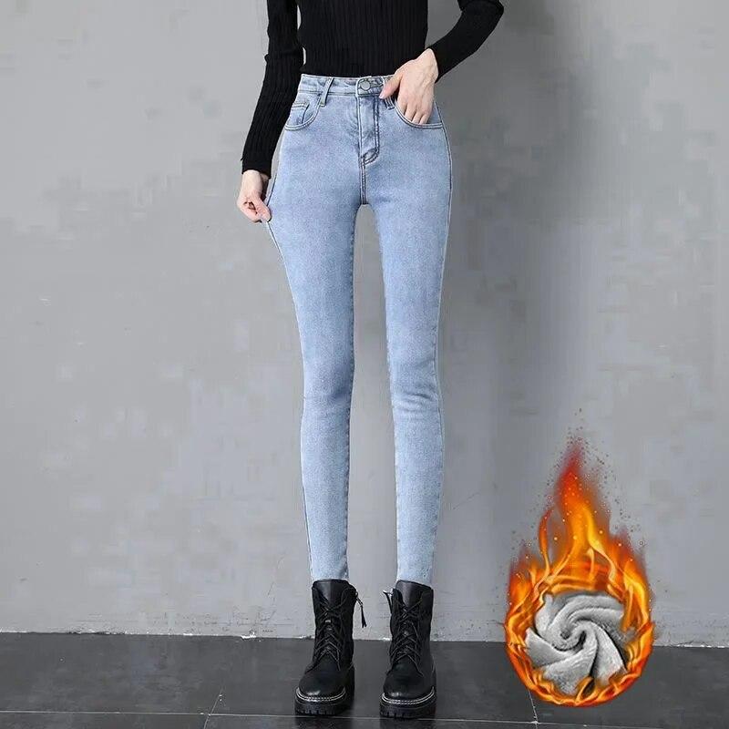 Women clothing wholesale Winter Sexy Skinny Hoge taille Verdikte Warme Denim Jeans Vrouwen Mode Fluwelen Dame Broek Met Zakken Effen Jeans 30109