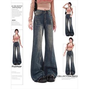 Rockulzzang Vintage Blauwe Flare Jeans Vrouwen Herfst 2023 Mode Losse Hoge Taille Jeans Volledige Lengte Flare Jeans Plus Size S ~ 4XL
