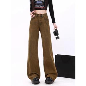 Rockulzzang Vintage Bruine Jeans Met Hoge Taille Voor Dames 2024 Nieuwe Mode Streetwear Rechte Baggy Jeans Chic Volledige Lengte Y2k Wijde Pijpen Jeans