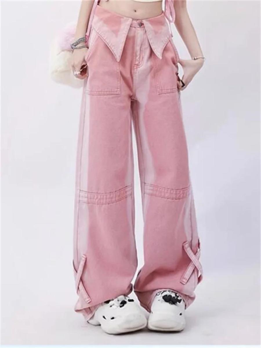 Rockulzzang Techwear Stijl Roze Hoge Taille Jeans Voor Vrouwen 2024 Nieuwe Mode Streetwear Losse Wijde Pijpen Broek Vintage Manchetten Rechte Volledige lengte Broek