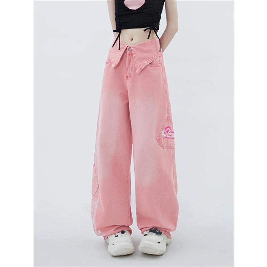 Rockulzzang Kraag Roze Borduren Baggy Jeans Dames 2024 Manchetten Rechte Jeans met Hoge Taille Streetwear Volledige Lengte Wijde Pijpen Jeans
