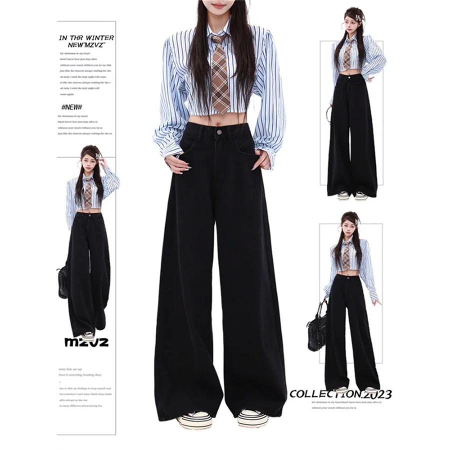 Rockulzzang Effen zwarte jeans baggy jeans dames 2024 nieuwe mode vintage rechte hoge taille wijde pijpen volledige lengte broek