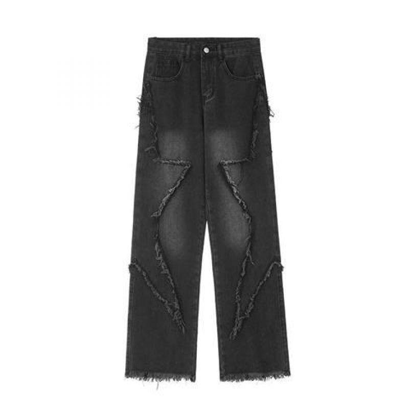 SIMANNIKA Damesjeans Mode Amerikaanse gewassen sterren Kwasten Raw Edge Design Denim Broek Hoge taille Losse rechte wijde broek Y2K