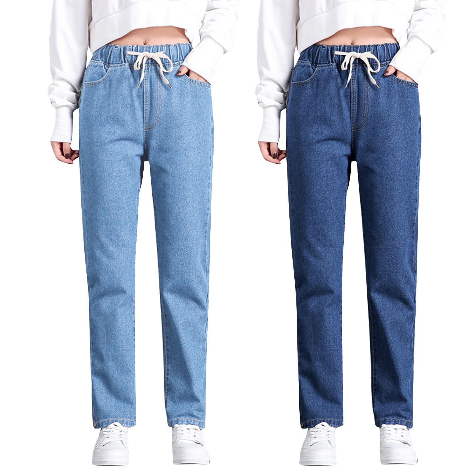 Become Beauty Rechte, casual, elastische taille-stropdas voor dames, jeans met hoge taille, losse negenkwartbroek