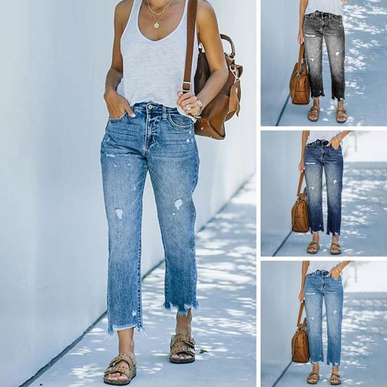 Shangkelv Vrouwen gescheurde jeans met opgestikte zakken ritssluiting vintage hoge taille bijgesneden broek herfst casual rechte denim broek vrouwelijke streetwear
