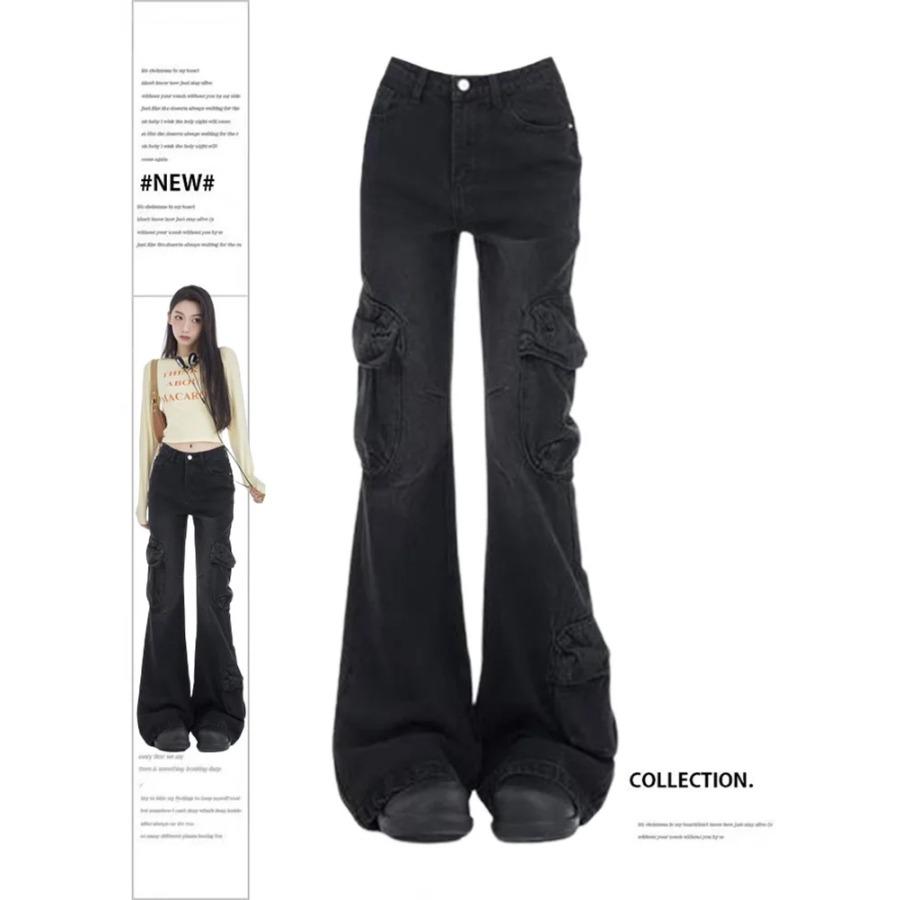 Rockulzzang zwarte cargobroek jeans met zijzak dames 2024 vintage klepzakken hoog getailleerde egirl streetwear volledige lengte Y2k flare jeans