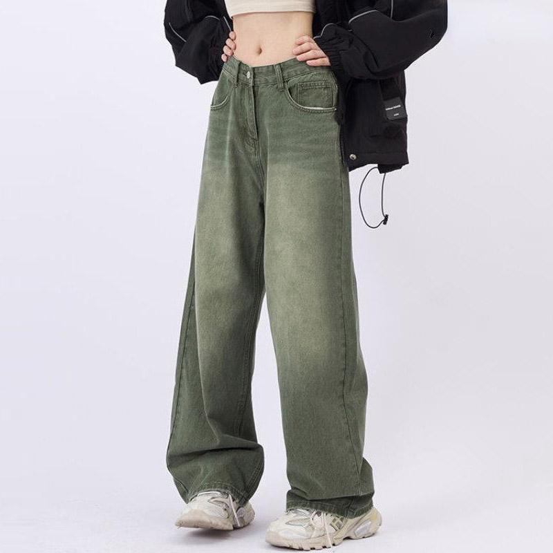 NiXis Dames retro jeans met rechte pijpen, groene lente, hoge taille, wijde dunne broek met wijde pijpen, denim broek, grote maat dameskleding